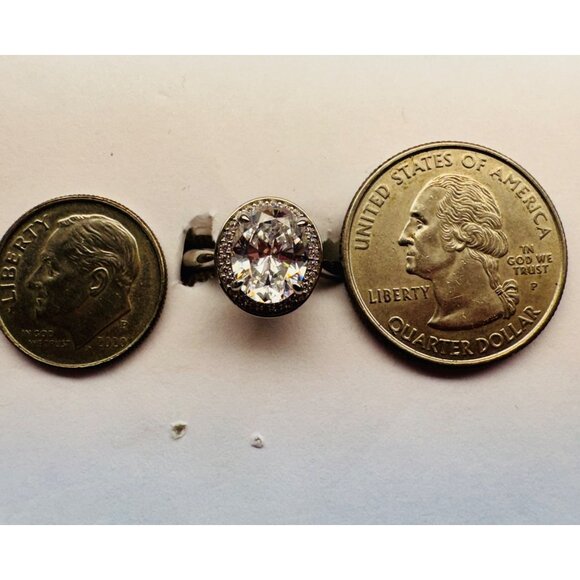 Estate Sterling Silver 925 Simulated Diamond Halo Ring Size 6 Rhodium Finish - Picture 7 of 8